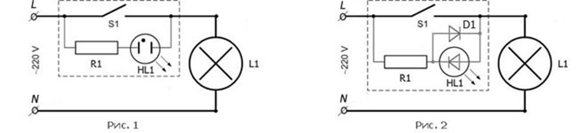 Ledningsdiagrammerne for neonblinklyslygtens tændte afbrydere i fig. 1 og LED-indikatoren i fig. 2.