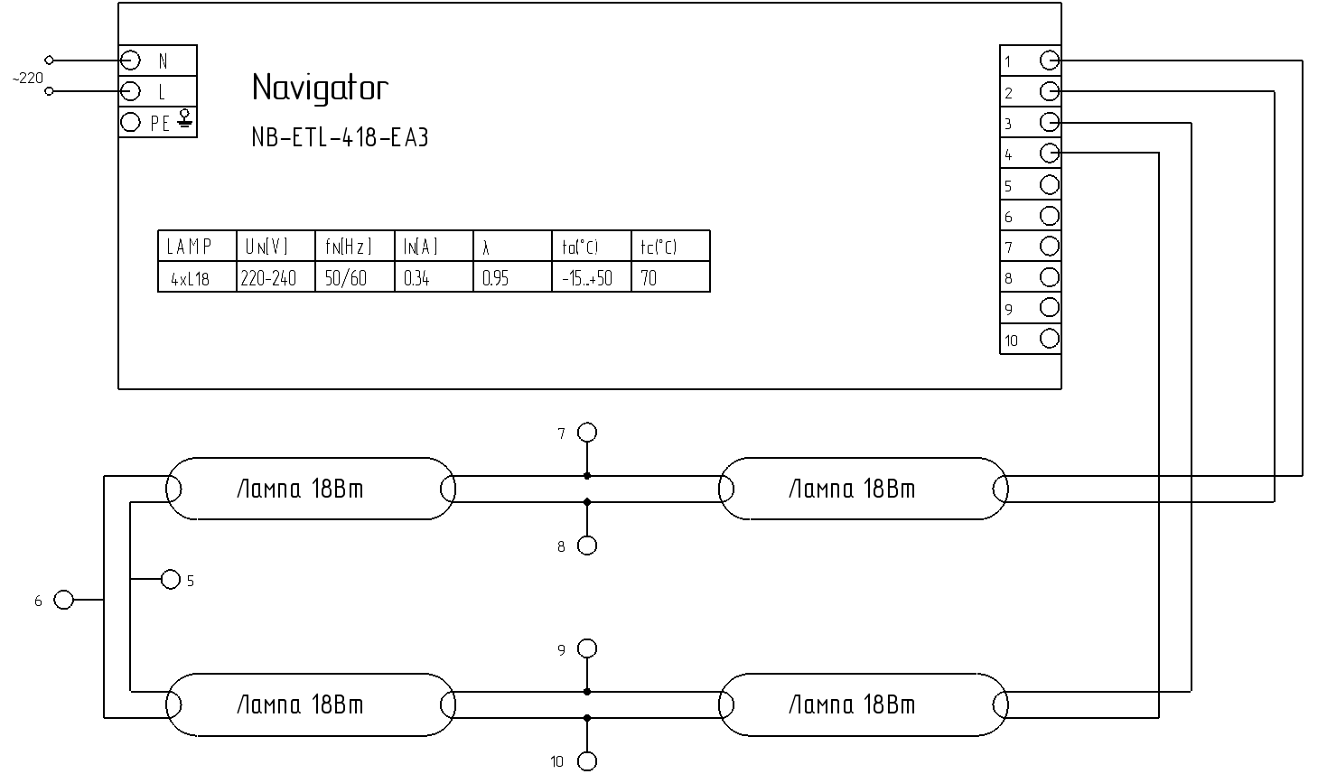 Ledningsdiagram for flere lamper til EB