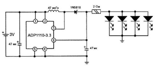 Figur 2: Skematisk diagram af en hjemmelavet superlysende lommelygte med spændingsregulator.