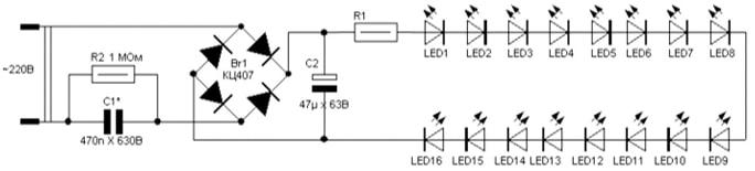 Ledningsdiagram til serieforbindelse af LED'er