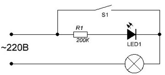 Ledningsdiagram til tilslutning af LED-lysdioder via en 220 V-afbryder