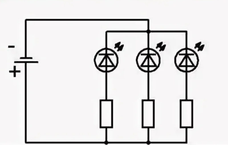 Diagram til parallelforbindelse af lysdioder. Tilslut hver LED i serie korrekt