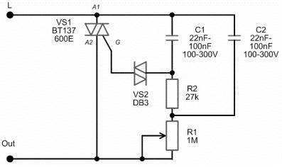 Lysdæmper ledningsdiagram til 220 V.