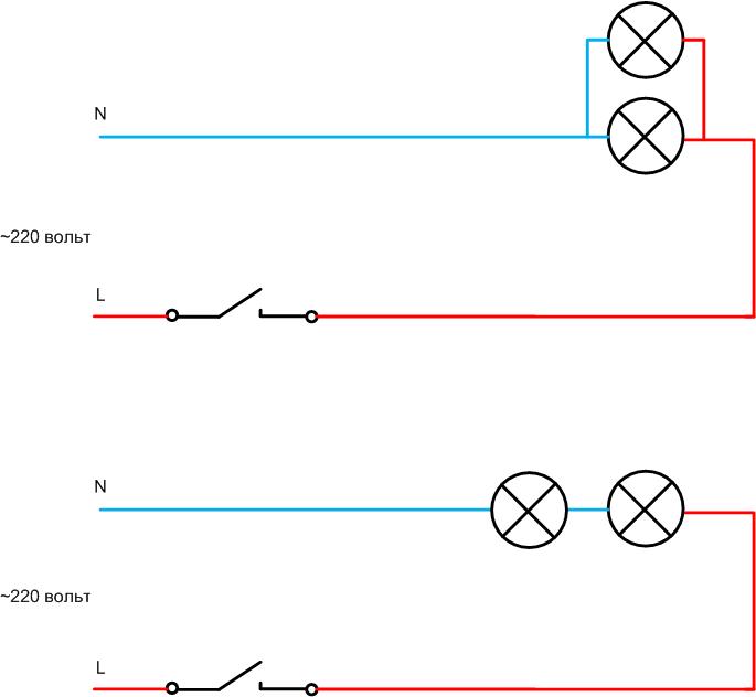 Ledningsdiagram til to lys på én afbryder