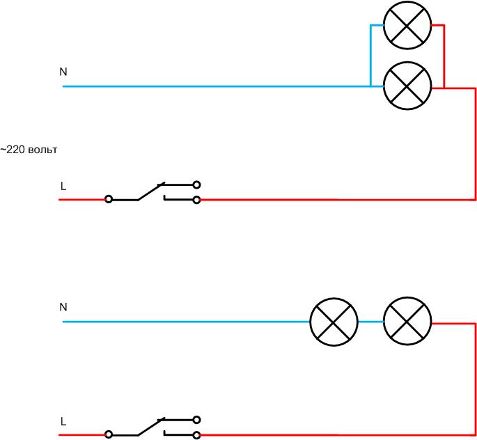 Ledningsdiagram til to downlights med én afbryder