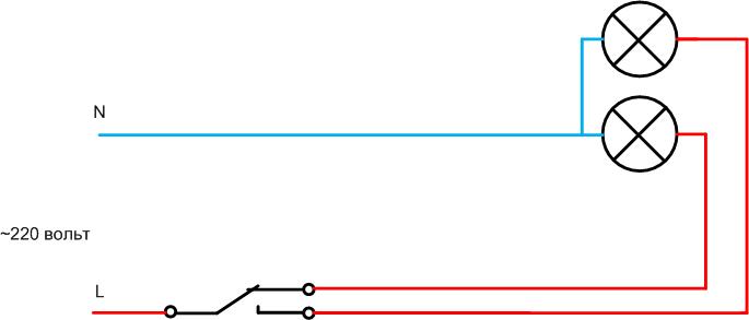 Ledningsdiagram til to downlights med én afbryder