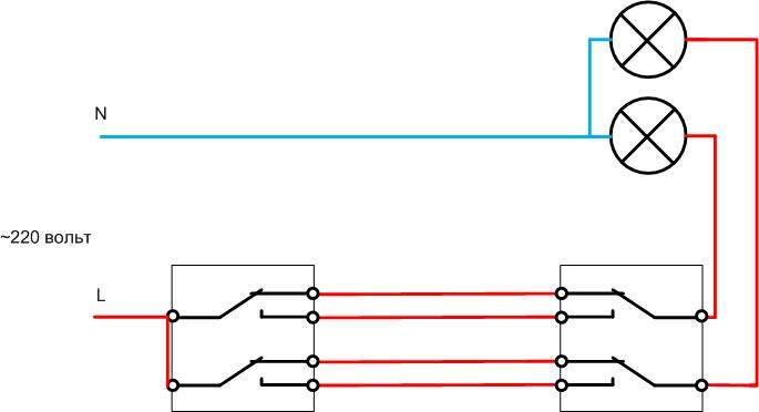 Ledningsdiagram til to downlights med én afbryder