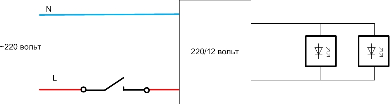 Ledningsdiagram til to downlights med én afbryder