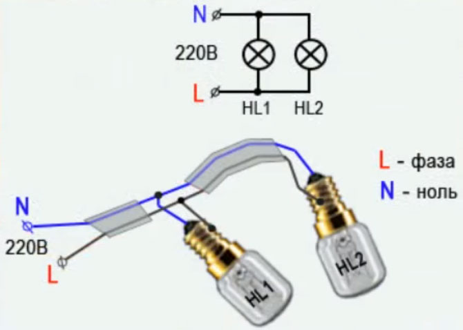 Ledningsdiagram til to lysarmaturer ved én afbryder